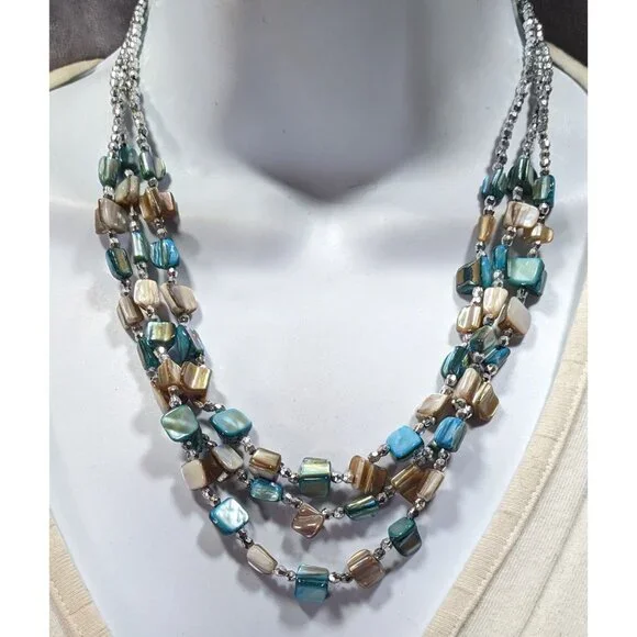 Mermaidcore Blue And Silver Tone Layered Shell Beaded Necklace - Picture 4 of 6